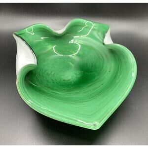 Hand Blown Art Glass Free Form Bowl Green Cased White Gold Mica 7” X 6”